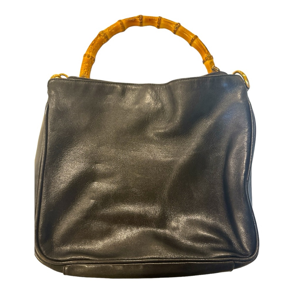 Gucci Vintage Hobo Bag Bamboo Black Calf Leather Diana Tote Authentic